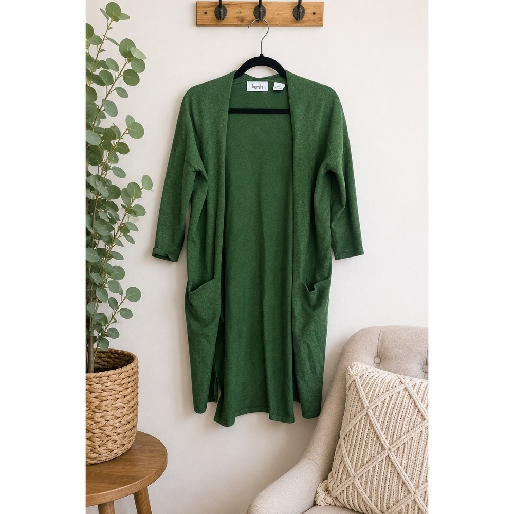 Kersh Kelly Green Open Front Cardigan Duster Pockets Cotton Stretch Sz M Bright
